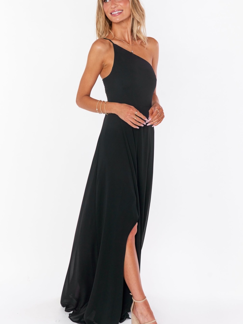 Show Me Your Mumu Shannon One Shoulder Dress in Black Luxe Satin.
XXL